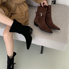 2025韩版新款小众设计复古法式短靴小方头西部靴麂皮中筒靴女靴子