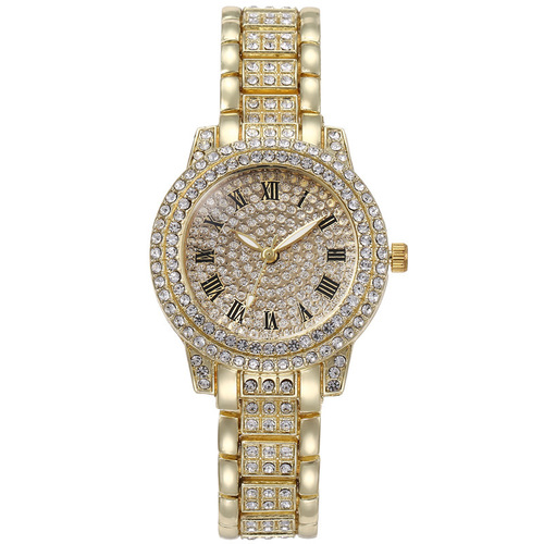 Cross-border baby's breath steel band with diamonds for women's watch full of diamonds rhinestones Roman pattern quartz watch for women