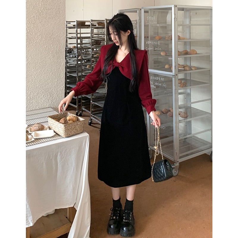 新年装大码胖mm秋冬赫本风高腰连衣裙淑女显瘦遮肚子小个子长袖裙|undefined