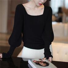 【专柜大码】复古洋气方领灯笼袖上衣秋冬新款气质宽松显瘦针织衫