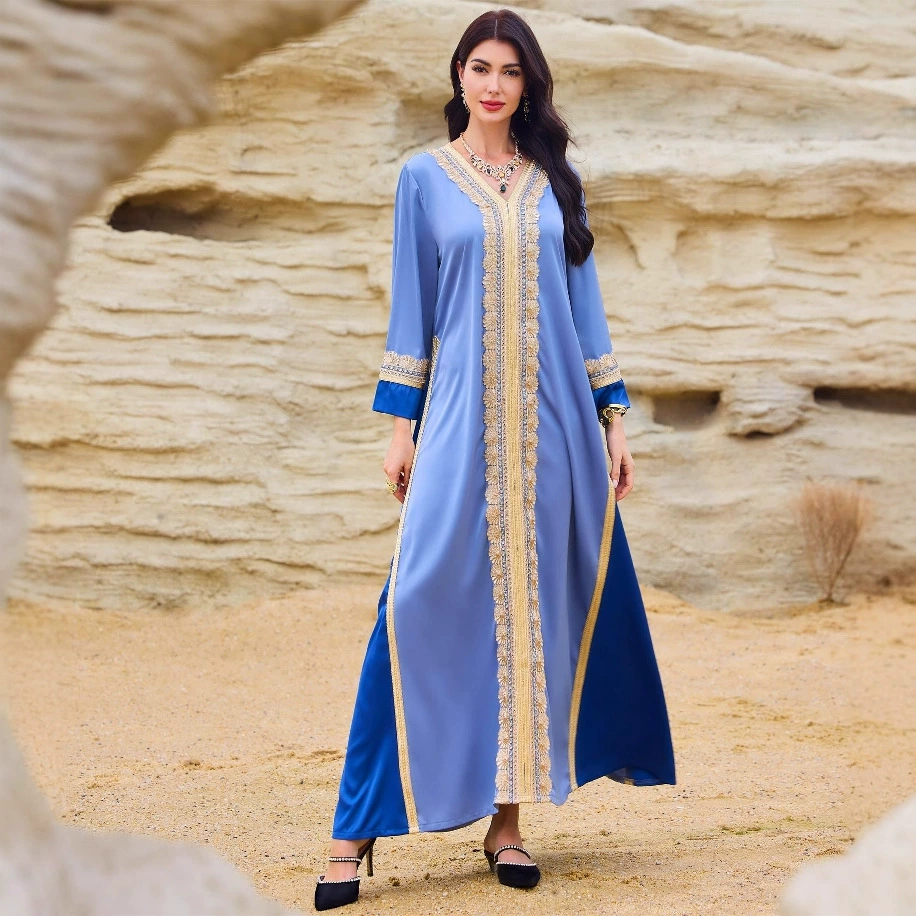 Элегантное платье для мусульманок Entuo 5005 в стиле Ближнего Востока, с золотой вышивкой и кружевом, для трансграничной торговли в Дубае.