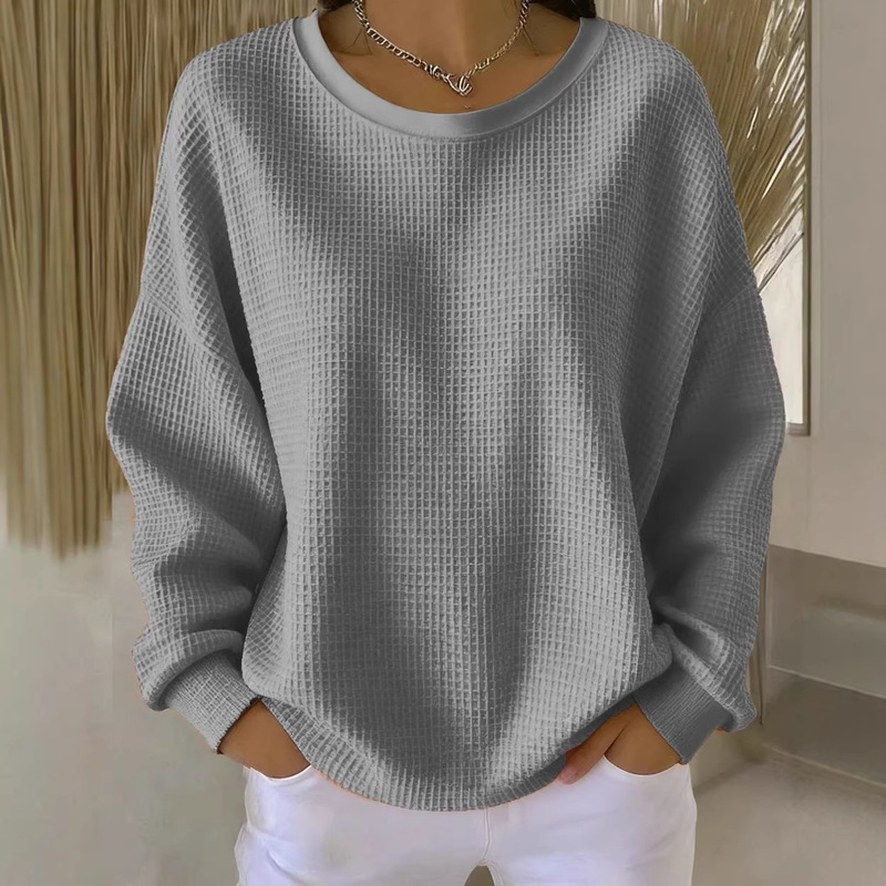 Cross-Border European and American Amazon Loose Casual Printed Round Neck Long-Sleeve T-Shirt, Single-Sided Waffle Weave Women's Long-Sleeve T-Shirt