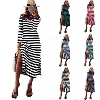 2024秋冬季欧美风wish女装跨境新款长袖开衩宽松印花裙子连衣裙