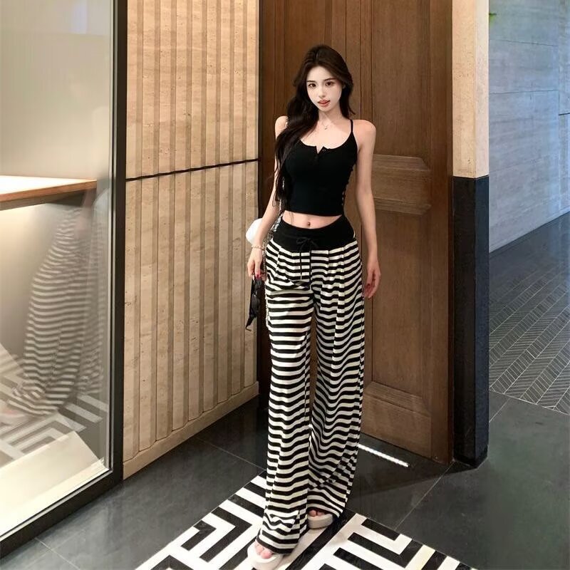 High-Waisted Drawstring Striped Casual Pants for Women, Summer Trendy Wide-Leg Pants for Tall Women, 175cm, Extra-Long Floor-Length Pants High-Waisted Drawstring Striped Casual Pants for Women, Summer Trendy Wide-Leg Pants for Tall Women, 175cm, Extra-Long Floor-Length Pants
