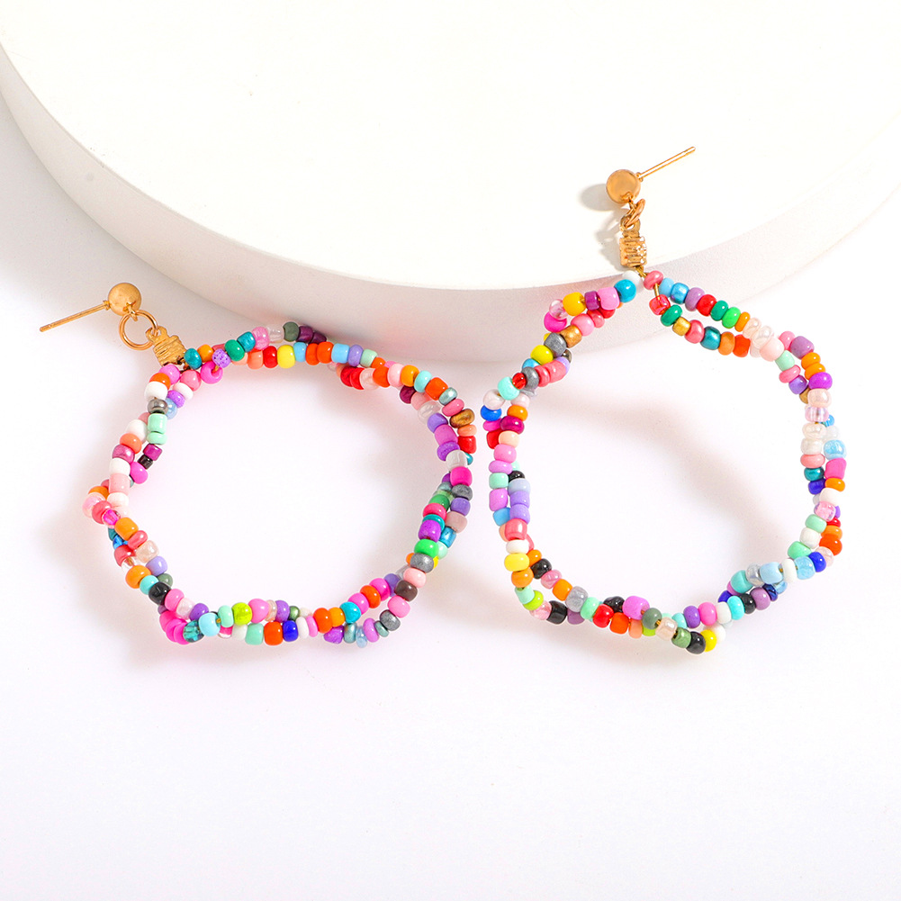 New Bohemian Holiday Style Colored Beads Earrings Double Twisted Big Circle Earrings Ethnic Style Accessories display picture 3