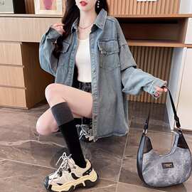 大码女装设计感牛仔薄款外套春夏新款韩版宽松百搭中长款外穿衬衣