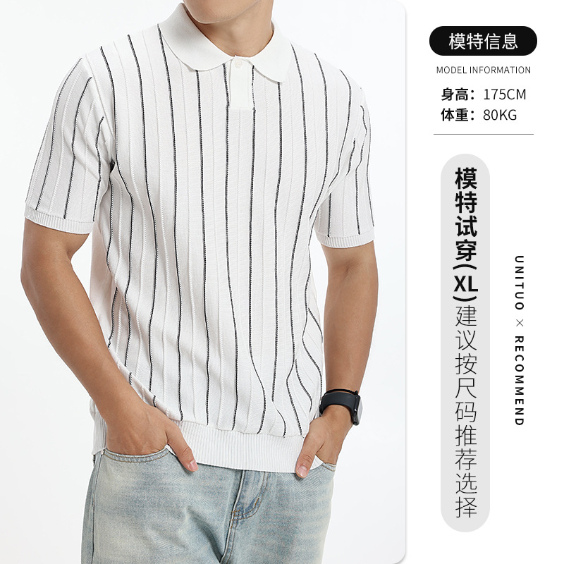 Polo de seda de hielo de hombre, camiseta de alto nivel, camiseta de negocios, camiseta de polo, tela de rayas, camiseta de punto de manga corta para hombres