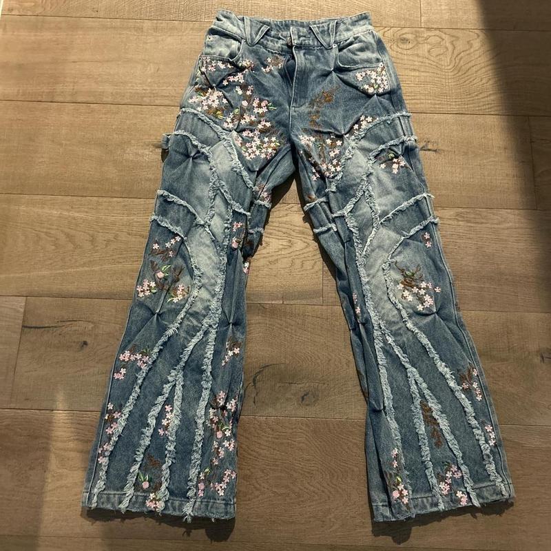 街头服装宽松牛仔裤男女原宿复古花图案刺绣高腰裤哥特拼接拖地裤|undefined