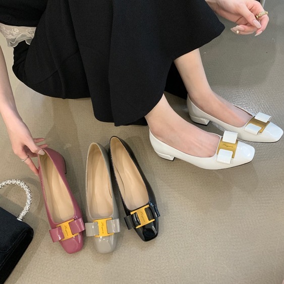 2026 Spring Metal Buckle Patent Leather Square Toe Bow Low Heel Work Shoes for Women, Chunky Heel Shallow Mouth Professional Pumps