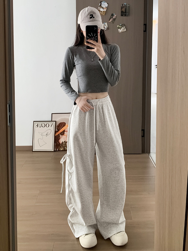 美式复古侧边抽皱蝴蝶结运动裤女春秋宽松显瘦直筒裤休闲阔腿卫裤|undefined