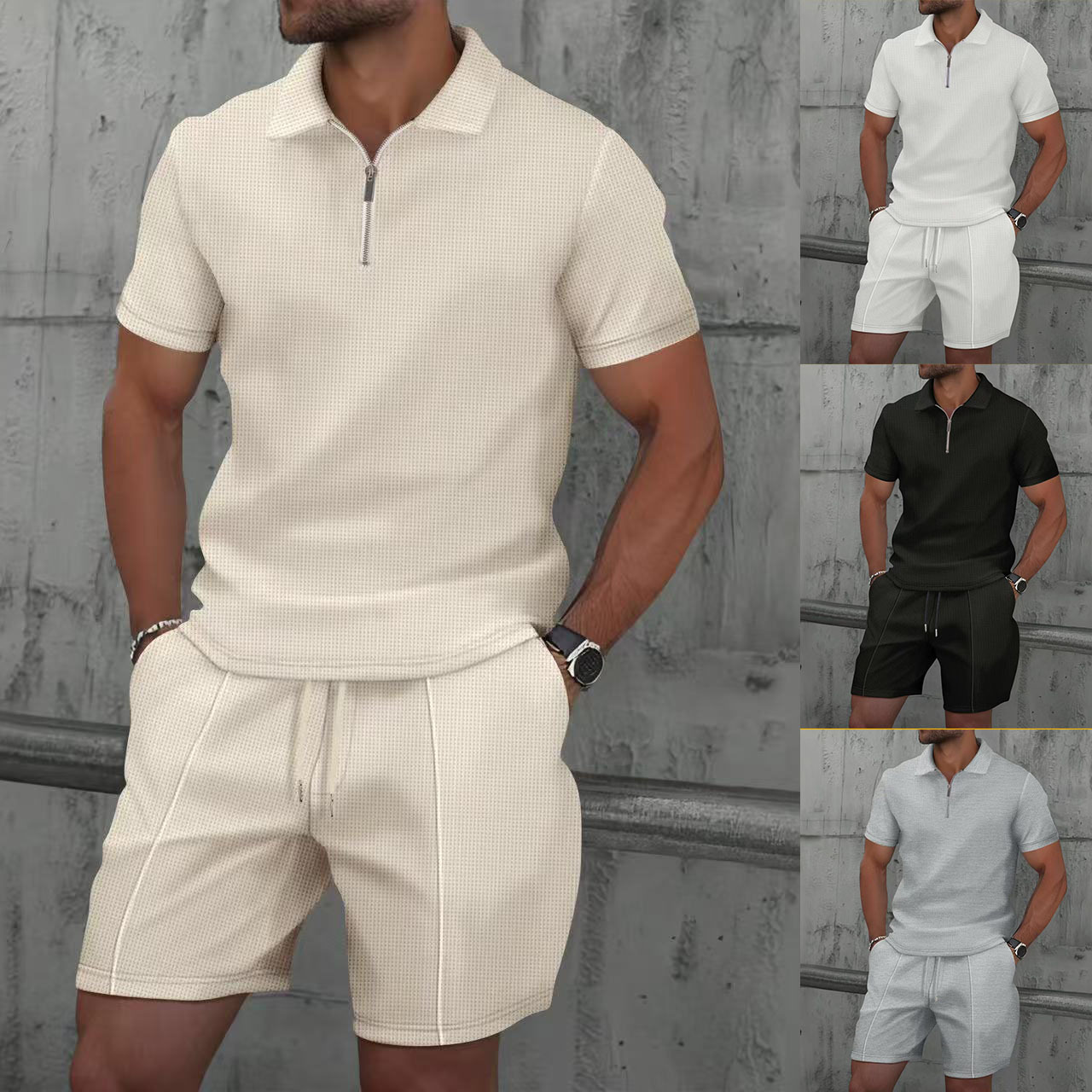 Camisas de polo, camisetas de manga corta, pantalones cortos de hombre, mitad de cremallera, con la solapa de waffle, un conjunto completo de fábrica transfronteriza de verano al por mayor