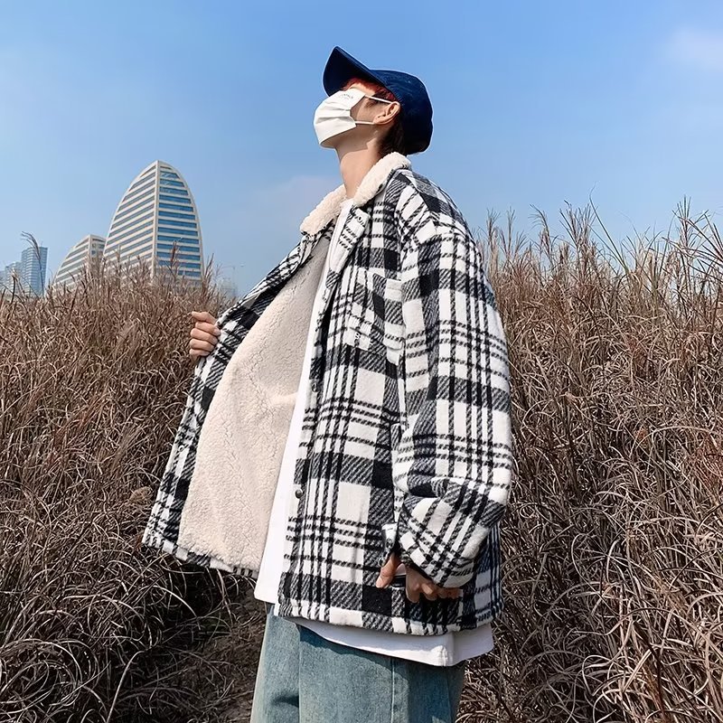 Chaqueta de lana a cuadros de otoño e invierno de todo fósforo para hombres, chaqueta corta retro casual, hermosa y suelta, chaqueta estilo Hong Kong de la marca de moda ins