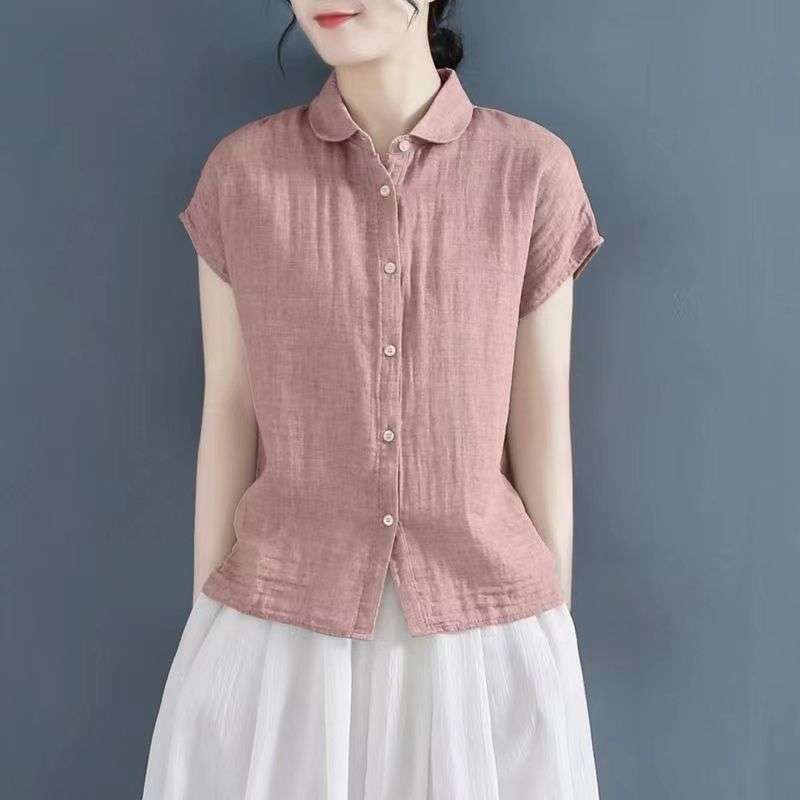 Cotton and Linen Shirts for Women, Short-Sleeved Tops, Summer Artistic Casual Plus-Size Stylish Solid Color Versatile Short-Sleeved Shirts