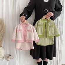 婴幼儿秋季2024新款小香风格子开衫外套可爱时髦背带裤女宝宝套装