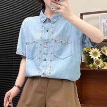 日系复古文艺刺绣花朵牛仔衬衣短袖衬衫女森系宽松休闲上衣女装