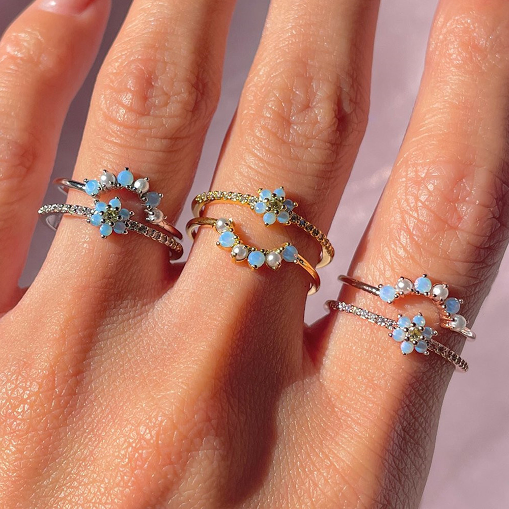 2022 Summer New Fashion Blue Color Flower Cool  Copper Rings
