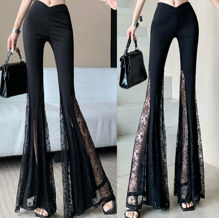 2025夏季韩版蕾丝拼接黑色西装长裤女设计感优雅知性紧身甩腿裤OL