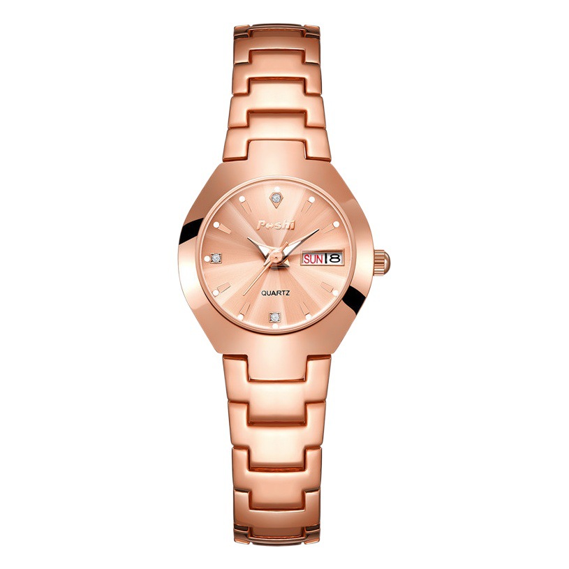 POSHI reloj niñas de moda impermeable luminoso simple elegante correa de acero doble calendario reloj de cuarzo reloj femenino