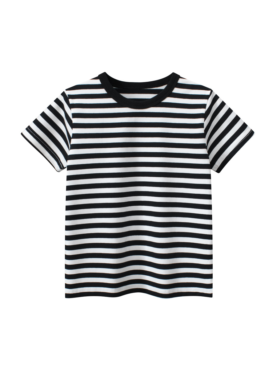 27kids ropa para niños verano camiseta de manga corta para niños ropa de bebé a rayas simples para niños top de cuello redondo cabello de una pieza