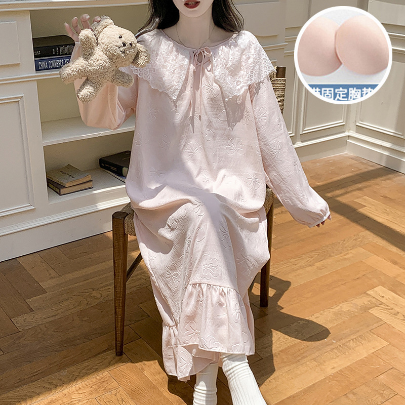 云朵棉睡裙女2025新款春秋季甜美长袖睡衣带胸垫一体家居服可外穿|undefined