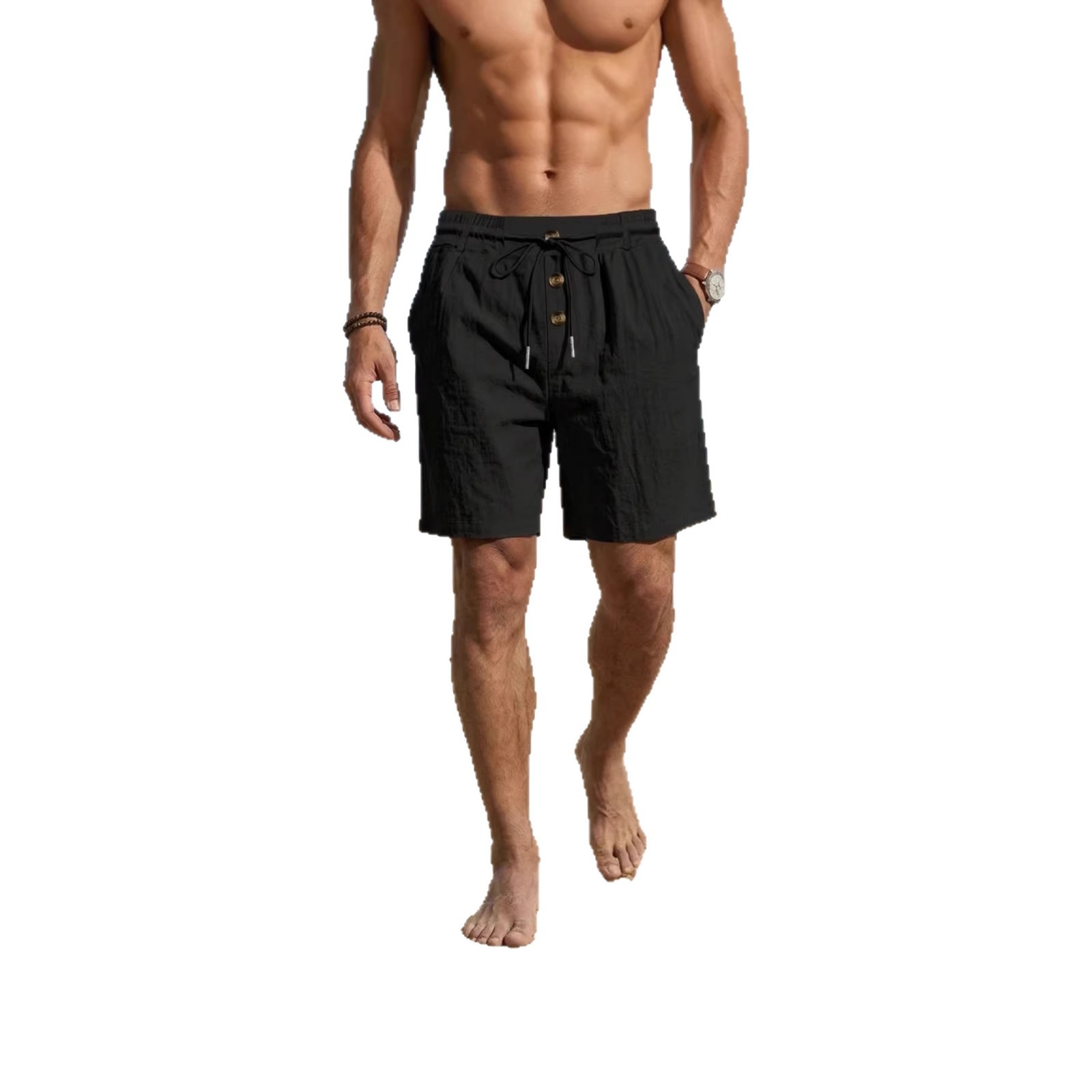 Men's Loose Fit American Linen Beach Casual Washed Button Five Point Sports Shorts mid Waist Summer Polyester Shorts_viptrois.com