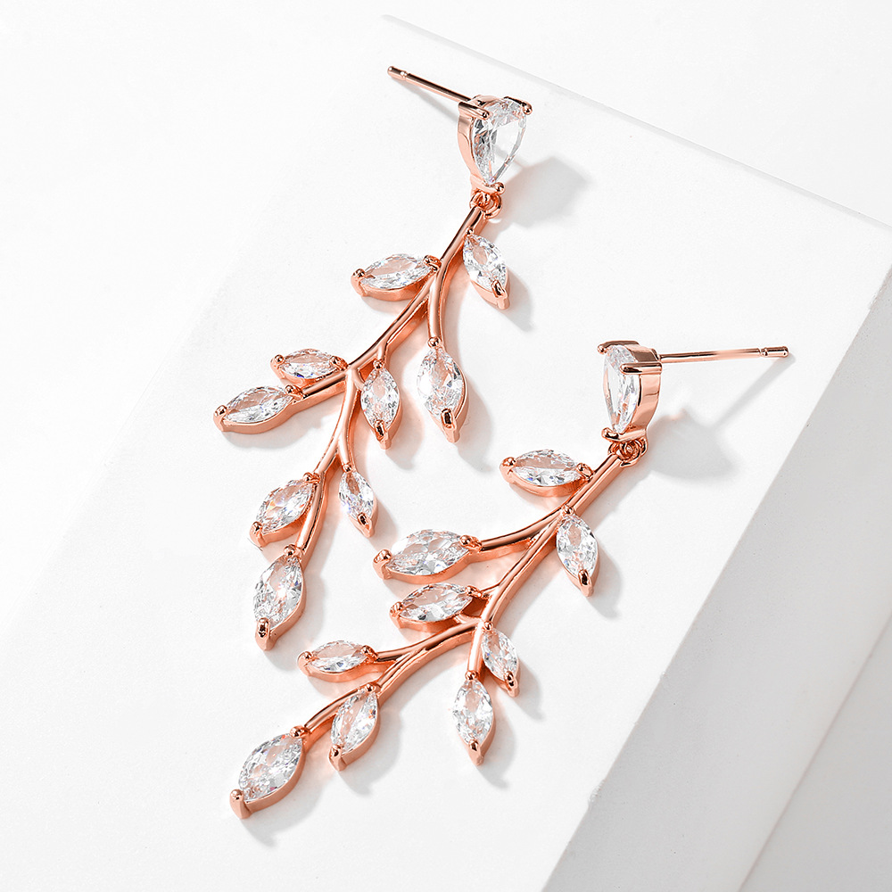 10g Weight Zircon Inlay Material Drop Earrings Classification 1 Pair Lady Leaf Plating Inlay Copper Zircon Gold Plated Drop Earrings