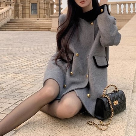 진 시인 수직 칼라 더블 브레스트 나이츠 울 콘트라스트 수제 양모 코트