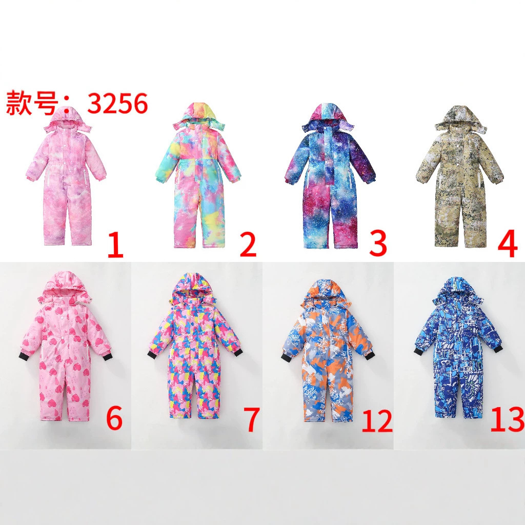 2024秋冬新款中大男女童印花防风防水保暖连体服厚抗寒带帽滑雪服