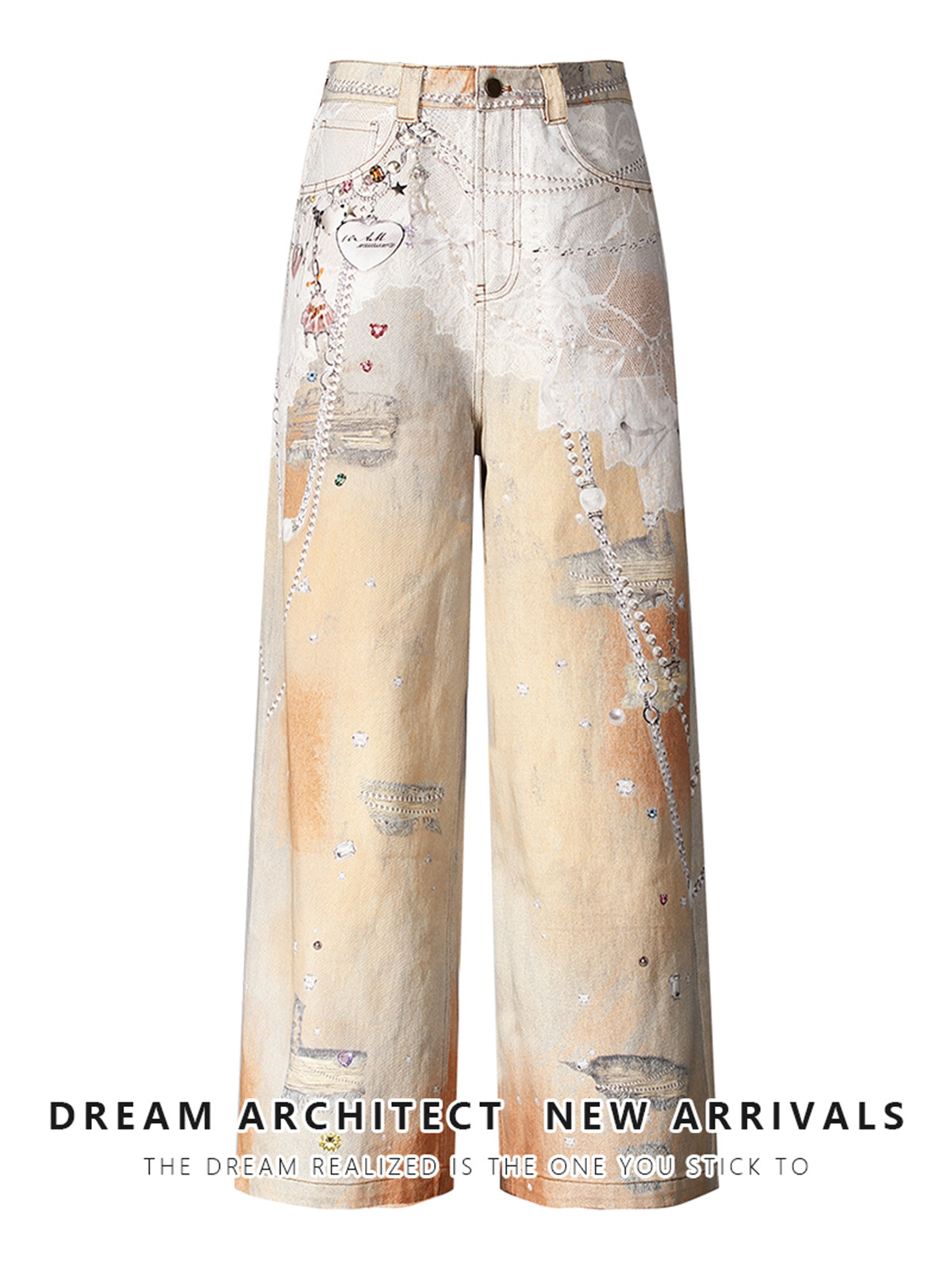​​"Vintage Chain Print Orange Jeans For Women – Dopamine Dressing Wide Leg Denim Pants With 3D Embossing & Retro Vibe"​​_voghion.com