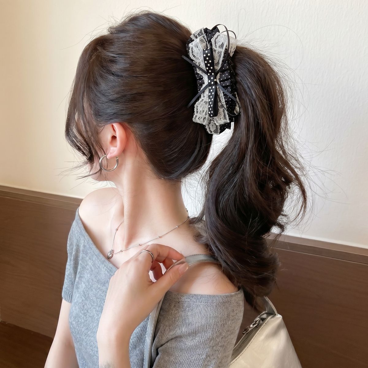 61# black polka dot lace ribbon bow banana clip - 13cm