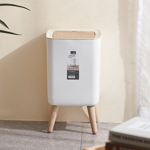 Fida Three Square High-Leg Wooden-Texture Plastic Lidded Foot-Press Garbage Bin for Kitchen, Bedroom, and Bathroom Wholesale