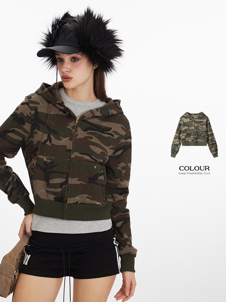 つるヘンリーアメリカン迷彩ショートギャルフード付きパーカーレディース2025春秋ジッパーレトロカーディガンコート