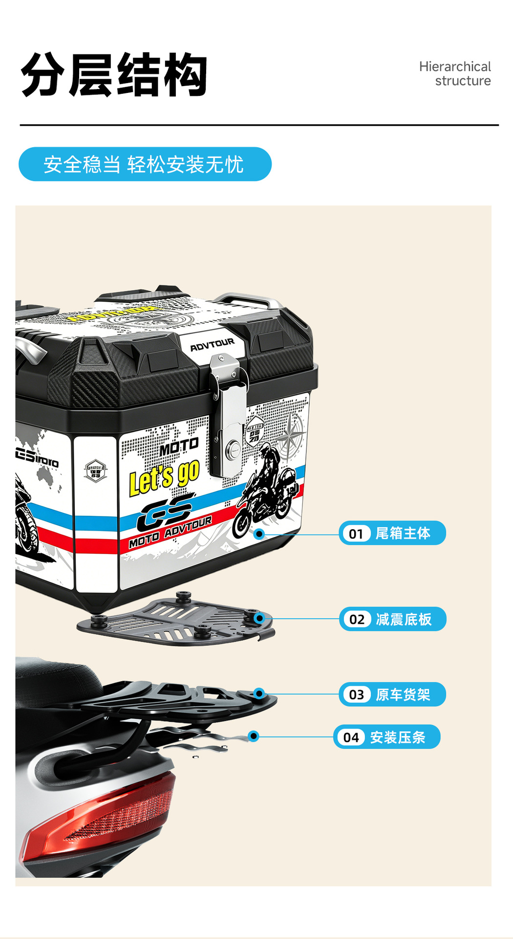 Motorcycle Rear Trunk, Imitation Aluminum Alloy Trunk, Large Universal Quick-Release Toolbox for Scooters and Electric Vehicles