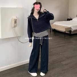 藏蓝色韩系减龄卫衣套装女秋季2026新款条纹背心休闲阔腿裤三件套