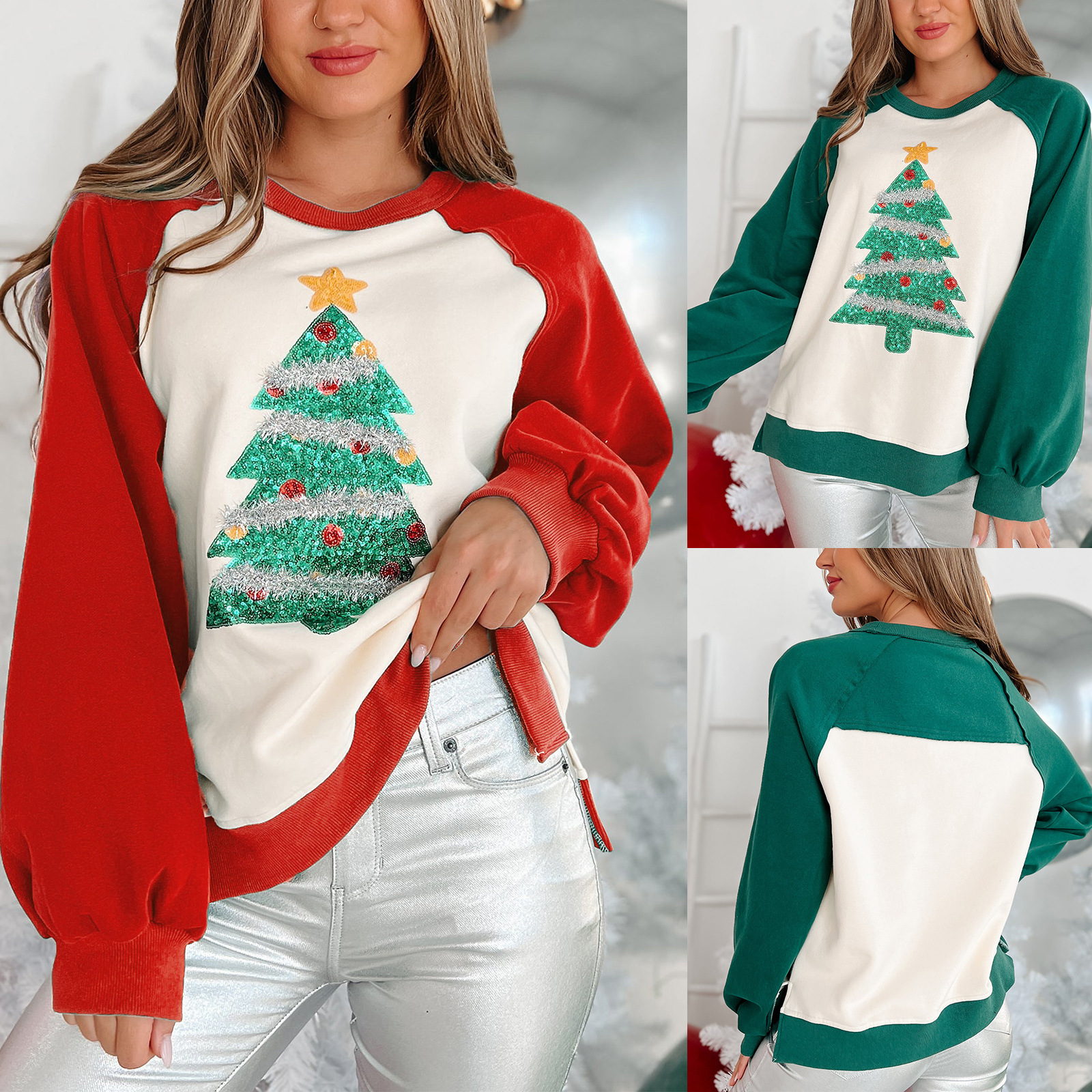 Women's Clothing Christmas tree beads plus velvet sweater women's pullover long sleeved loose top autumn and winter style_voghion.com