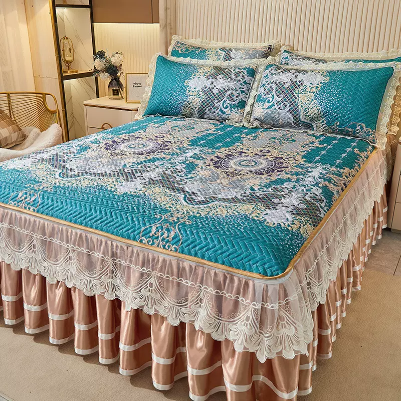 夏季床裙款冰丝凉席三件套1.8m可水洗机洗折叠空调席1.5米软席子