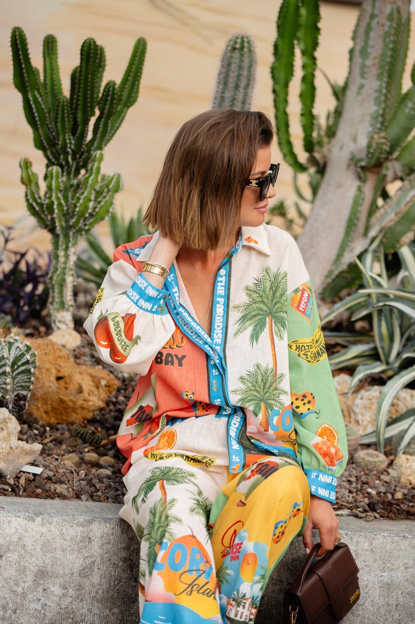 Summer Season Women's Gender Holiday Beach Women's Hawaiian Vacation Color Block Coconut Tree Linen Polyester Printing Pant Co-ord Set Pants Sets