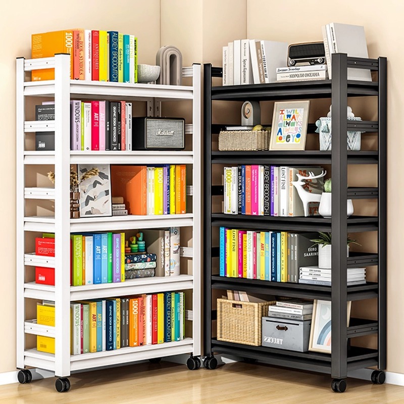 Floor-standing multi-tiered bookshelf, library-style storage rack with railings, home-use steel living room cabinet, compact bookcase, and children's storage unit