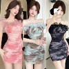 Mesh printed shoulder bag buttocks skirt with children's flower patchwork pleated spicy girl sexy dress