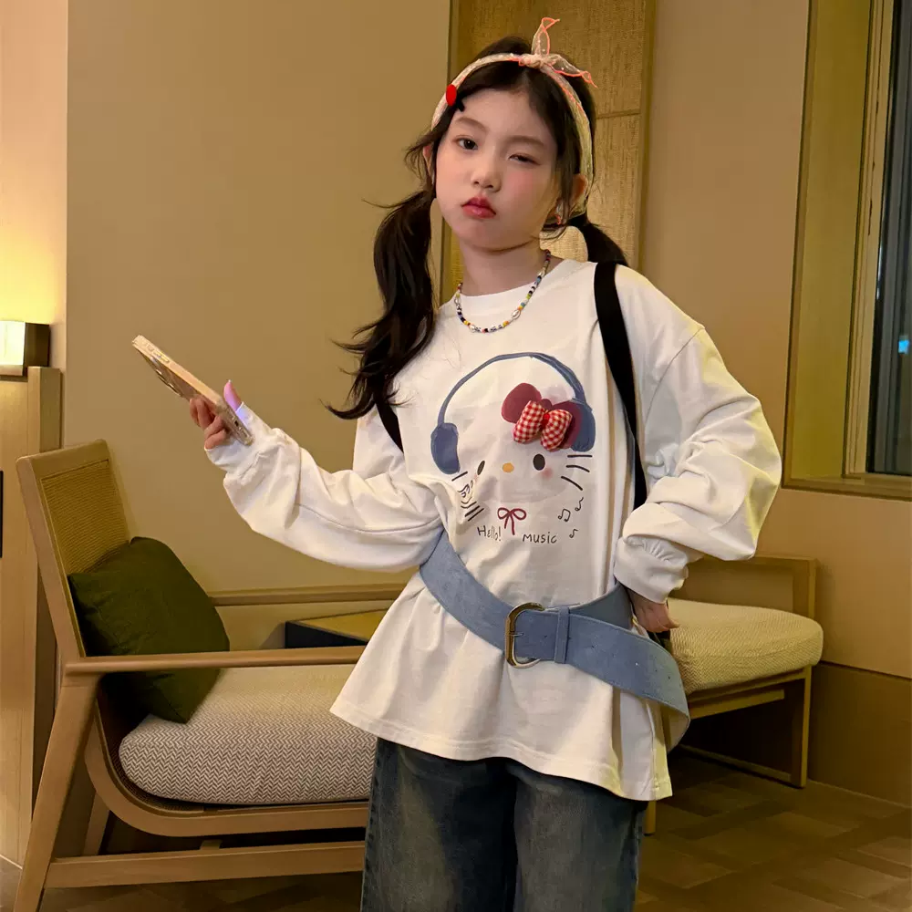 花与寻童装女童长袖T恤2026年春款KT猫卡通印花宽松显瘦长袖上衣