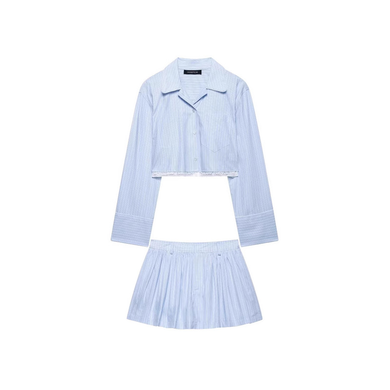 Cross-Border Aliexpress New Women's Clothing Export Wholesale Zr Spot Lace Detail Stripesd Small Shirt + Culottes Suit Cross-Border Aliexpress New Women's Clothing Export Wholesale Zr Spot Lace Detail Stripesd Small Shirt + Culottes Suit