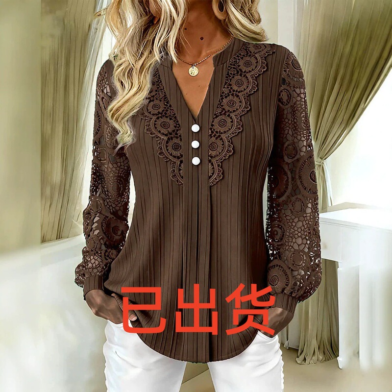 European Station 2026 Foreign Trade Aliexpress Wish Hot-Selling Shirt New Solid Color V-Neck Lace Women's Blouse