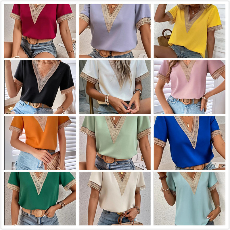 2023 New Amazon wish European and American cross-border Women's V-neck lace casual solid color shirt cross-border in stock