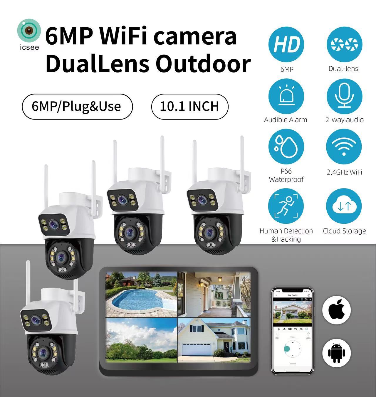 ICSEE 8MP WiFi NVR Seti Çift Lens PTZ IP Kamera 8CH Akıllı Ev Gece Görüşü