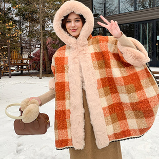 Faux Rex Rabbit Fur Collar Cape Shawl for Women, Autumn and Winter Hooded Mid-Length Batwing Style, Fleece-Lined Thick Plaid Coat for Warmth