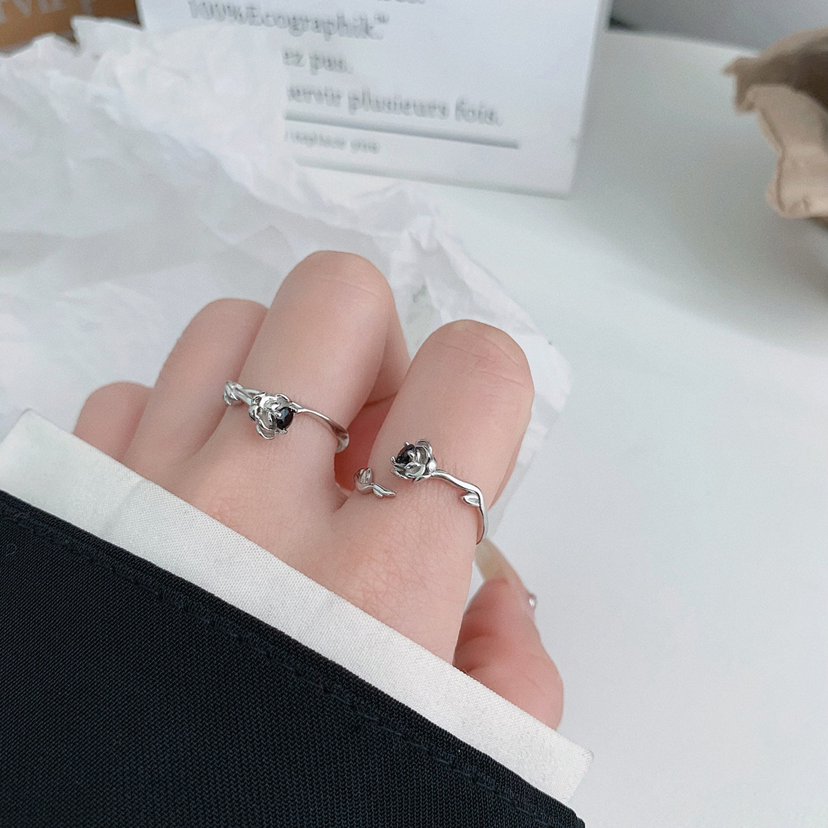 s925 Silver Black Diamond Flower Open Ring Image 3