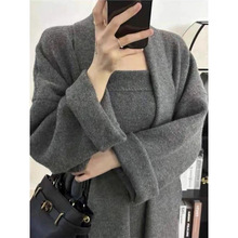 港风复古包臀开叉抹胸针织连衣裙保暖加厚中长款毛衣开衫套装女冬