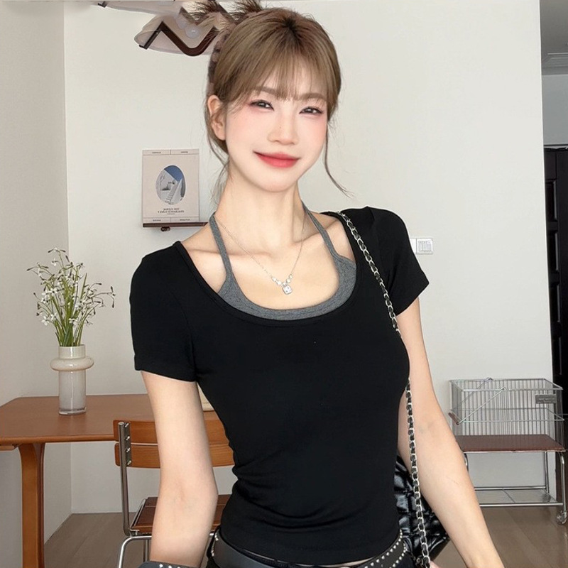 韩版假两件吊带T恤女夏季短袖正肩U领修身显瘦小众设计感个性上衣|undefined