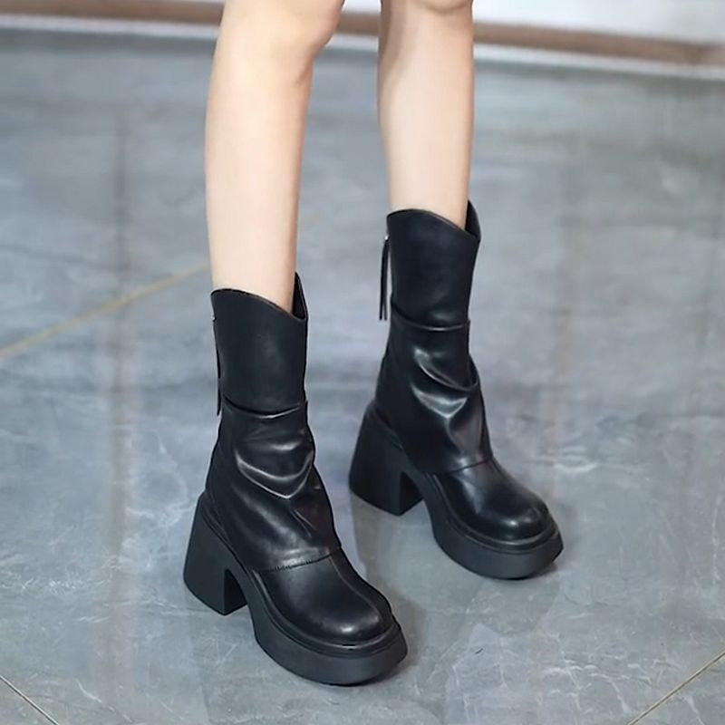 Thick-Soled Chunky Heel Short Boots for Women, Martin Boots, 2026 Autumn and Winter New Korean Style, Elegant Fleece-Lined High-Heeled Round-Toe Cream Boots
