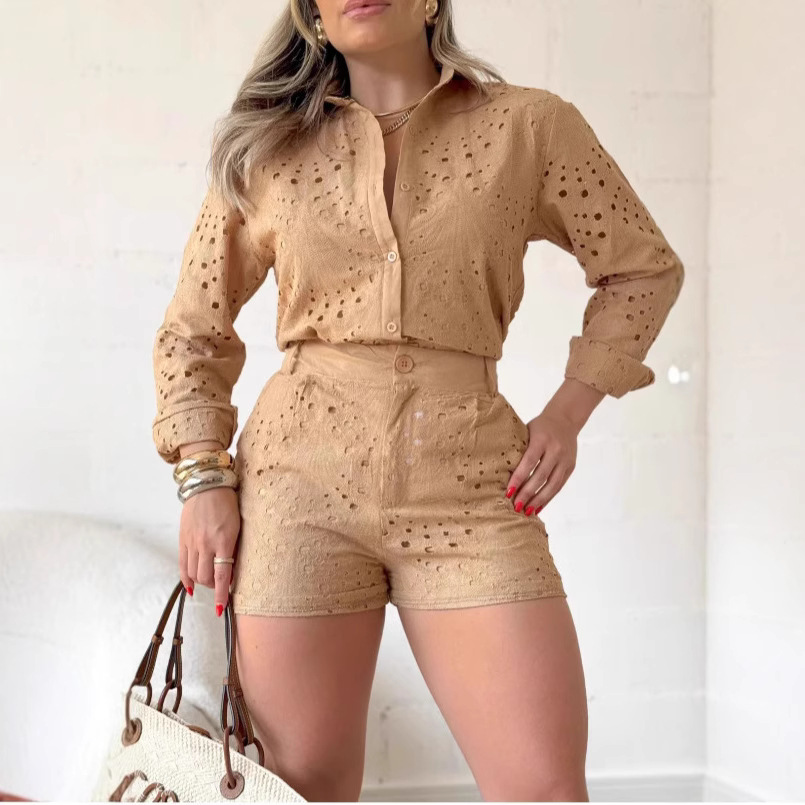 New Women's Fashion 2 Piece Set Casual Solid Color Long Sleeved Top And Hollow Shorts_voghion.com